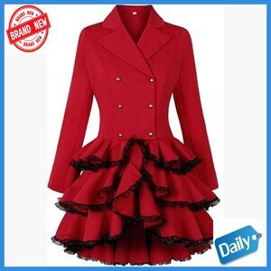 Women's Steampunk Victorian Blazer Coat with Lace Hem, Polyester